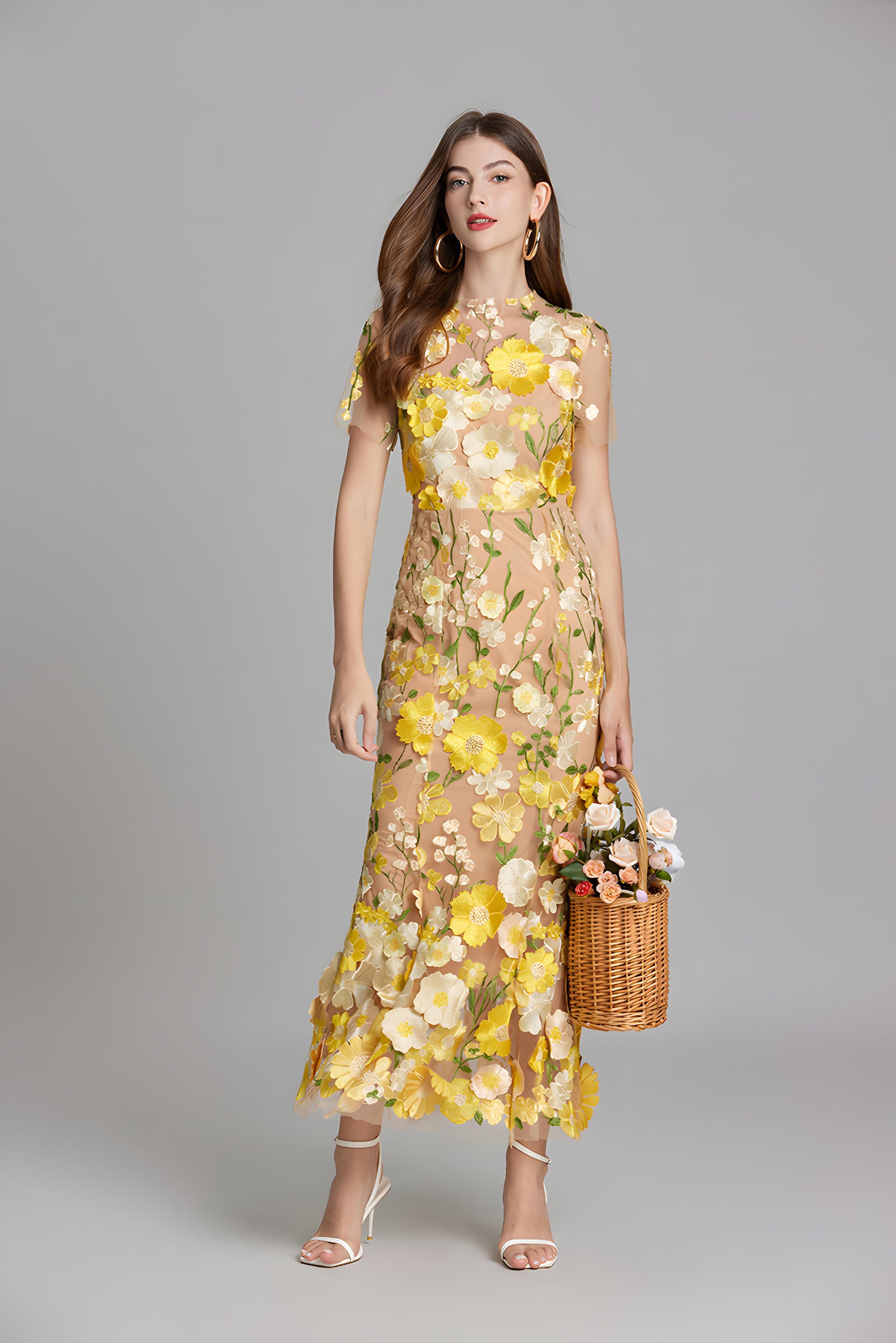 Intricate Floral Embroidery Mesh Fishtail Yellow Dress - 810908122798_YEL